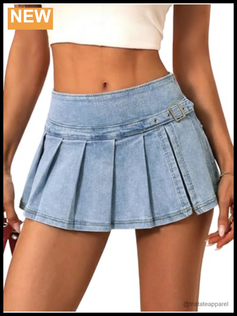 Denim Mini Skort With Built-In Shorts, Mid Waisted, Side Zipper, Stretch Y2k